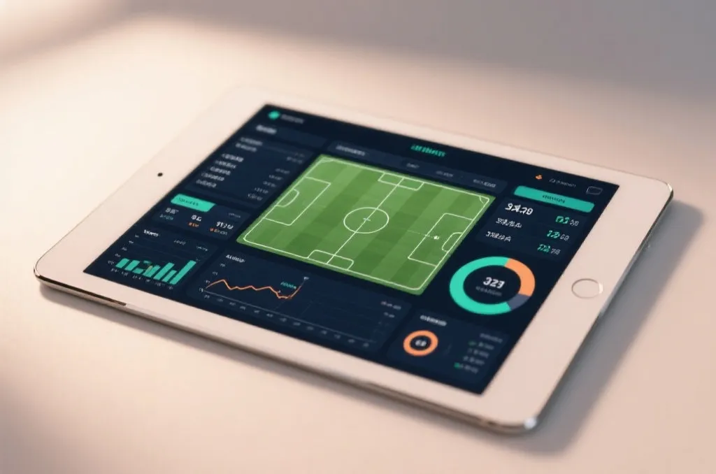 A tablet displaying live football match statistics and tactical charts on a sports analysis platform interface