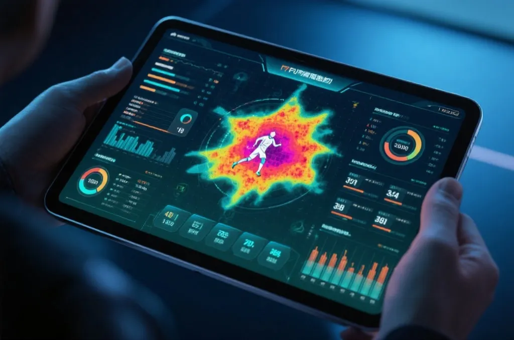 A conceptual rendering of futuristic sports data visualization showing player heatmaps and advanced metrics on a tablet