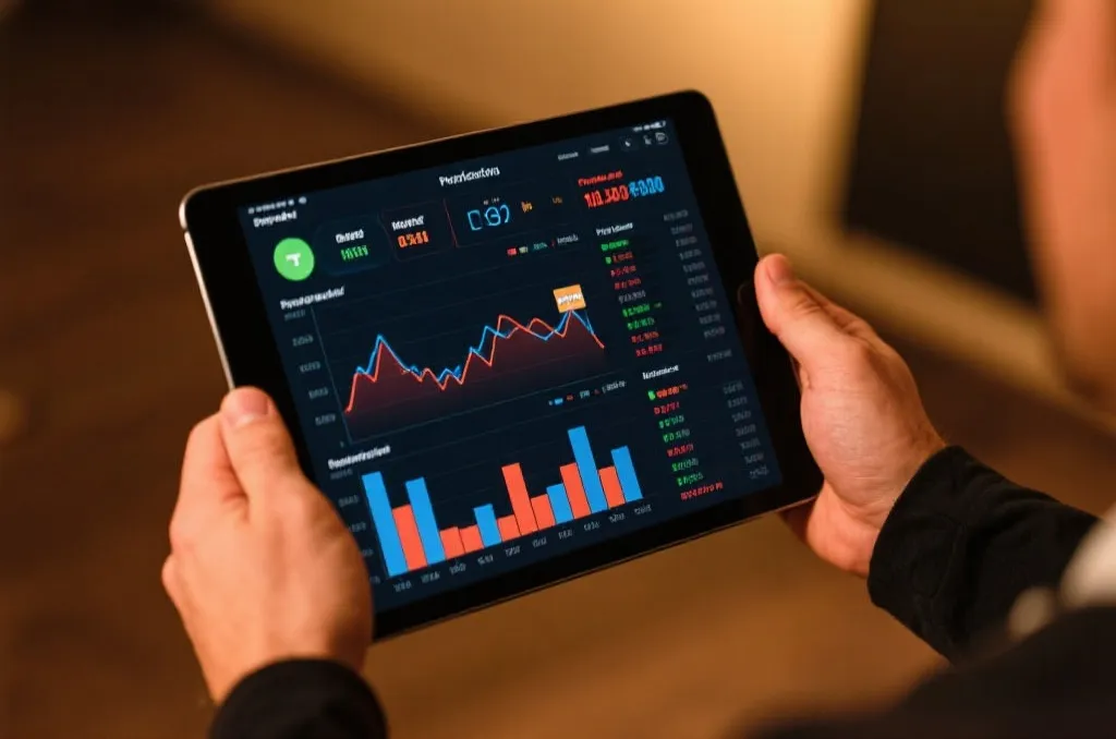 Close up of hands holding a tablet displaying professional sports analytics and real time data charts