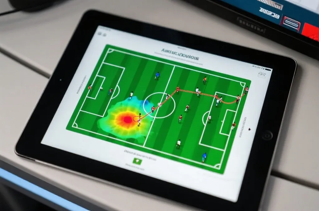 An overhead view of a tablet showing a green football pitch diagram with heatmaps and player passing routes, professional sports newsroom aesthetic
